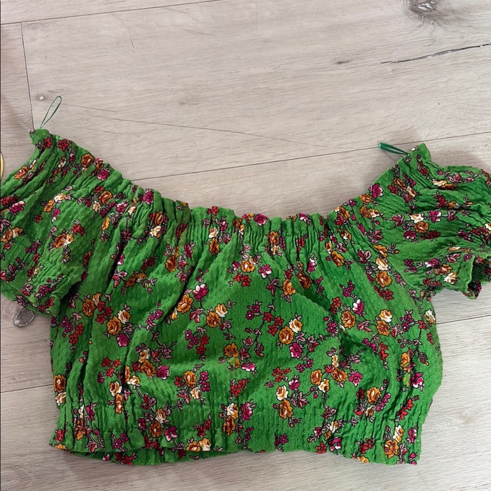 Topshop Green Smocked Ruffled Blouse